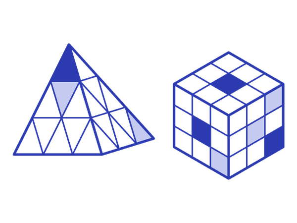 Line drawing of a Pyraminx and a Rubik’s Cube
